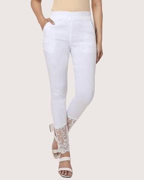 Flat-Front Pants with Lace Accents