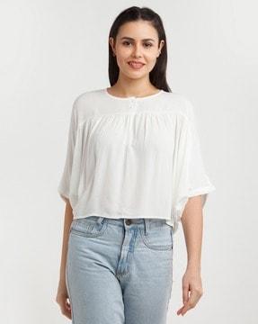 Crinkled Round-Neck Top with Batwing Sleeves