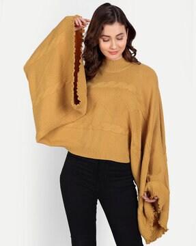 Cable-Knit Poncho with High-Neck