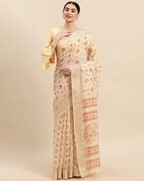Floral Woven Saree with Motifs & Striped Border