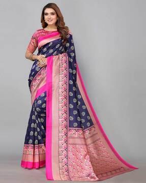 Floral Print Saree with Contrast Border