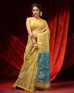 Floral Print Woven Saree with Motifs