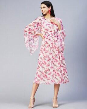 Floral Print A-Line Dress with Smoked Detailing