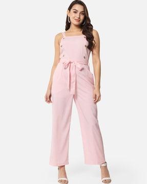 Houndstooth Print Jumpsuit with Waist Tie-Up