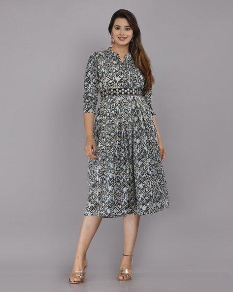 Printed Fit & Flare Dress with Belt