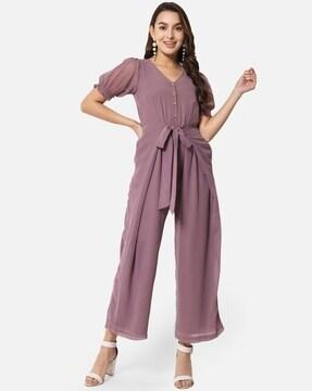 V-Neck Jumpsuit with Waist Tie-Up