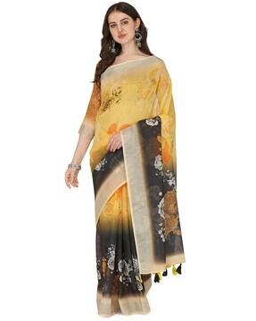 Floral Print Saree with Contrast Border
