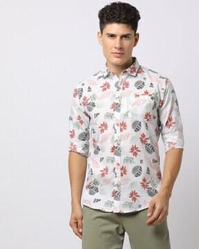 Floral Print Shirt with Spread Collar