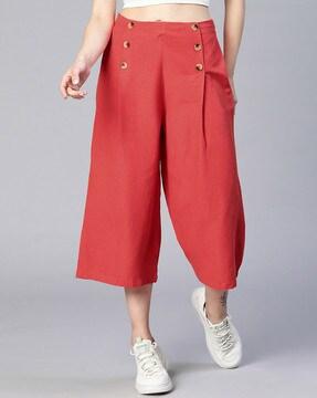 Pleat-Front Culottes with Button Placket