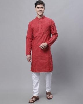 Checked Long Kurta with Patch Pocket