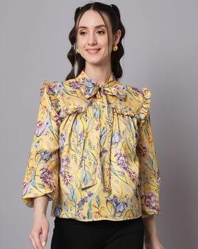 Floral Print Top with Neck Tie-Up