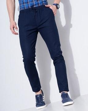 Slim Fit Flat-Front Trousers with Drawstring Waist