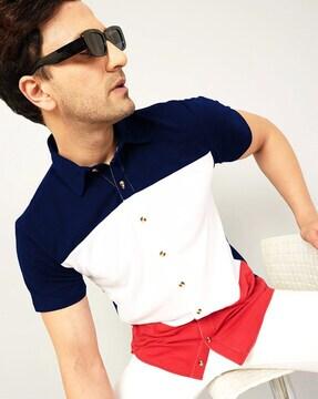 Colourblock Knitted Shirt with Spread Collar