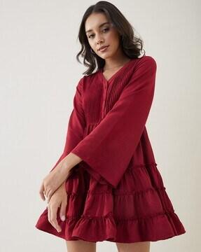 Button-Down Tiered Dress with Pin Tucks