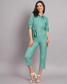 Roll-Up Sleeves Jumpsuit with Tie-Up Belt