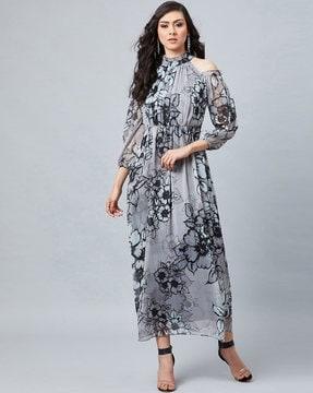 Floral Print Cold-Shoulder Maxi Gown