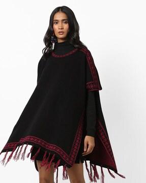 Round-Neck Poncho with Fringes