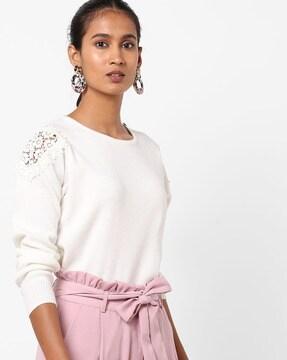 Crew-Neck Pullover with Lace Panel