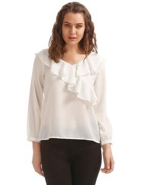 V-neck Top with Ruffled Panels