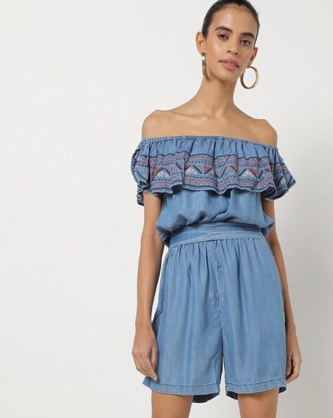 Embroidered Off-Shoulder Playsuit with Back Tie-Up