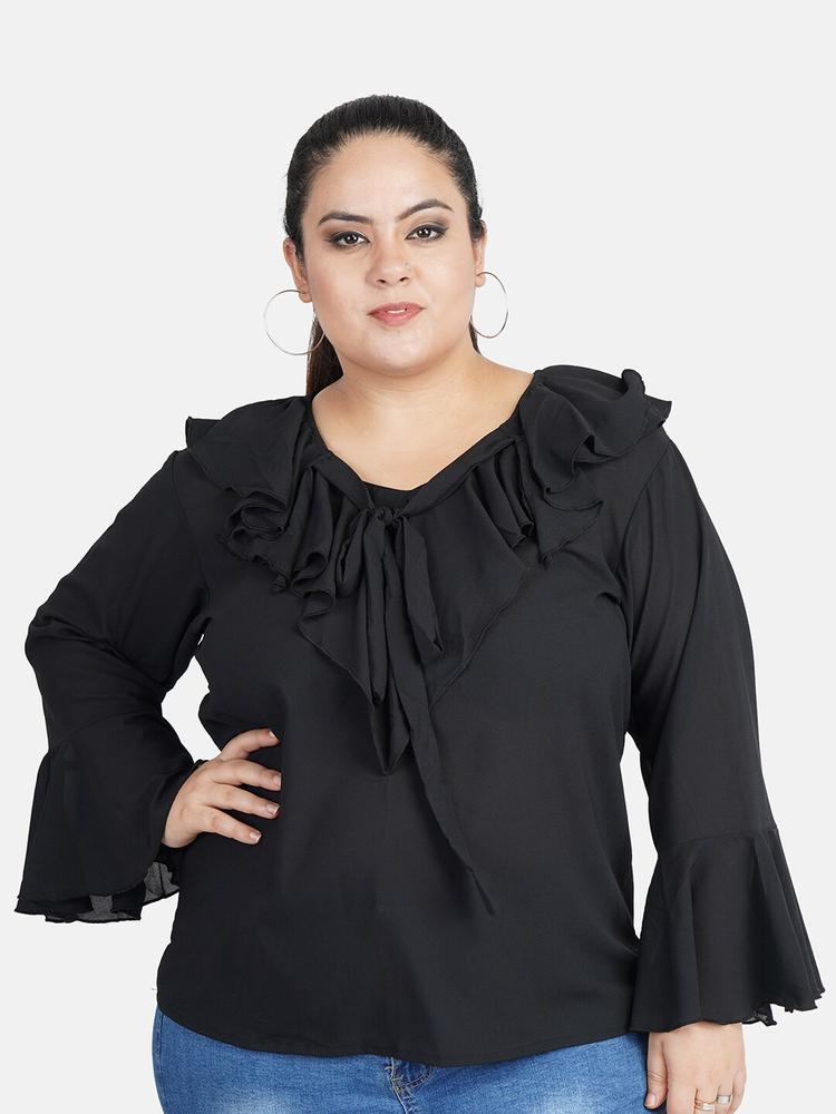 Indietoga Women Black Solid A-Line Plus Size Top