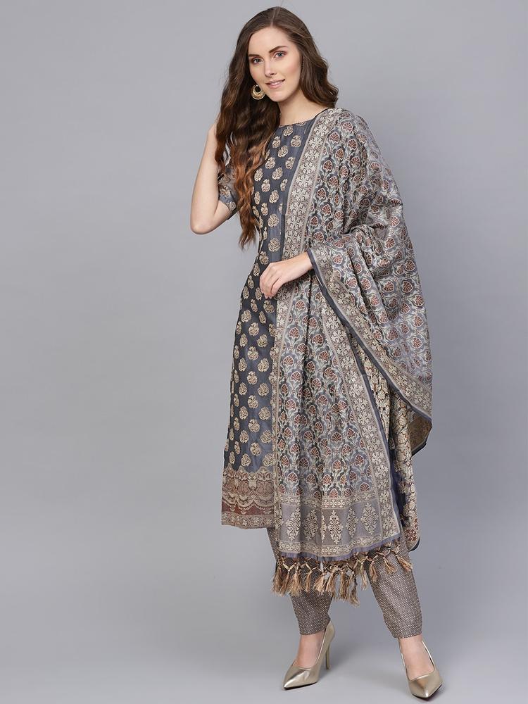 Inddus Charcoal Grey & Beige Unstitched Dress Material