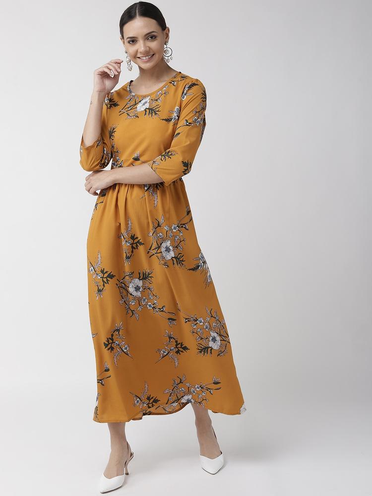 plusS Women Mustard Yellow & White Floral Print Maxi Dress