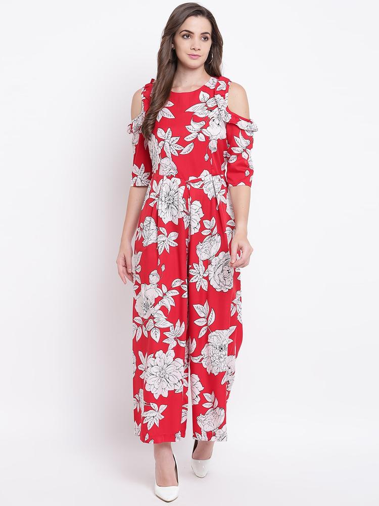Deewa Women Red & Off-White Printed Cold-Shoulder Basic Jumpsuit