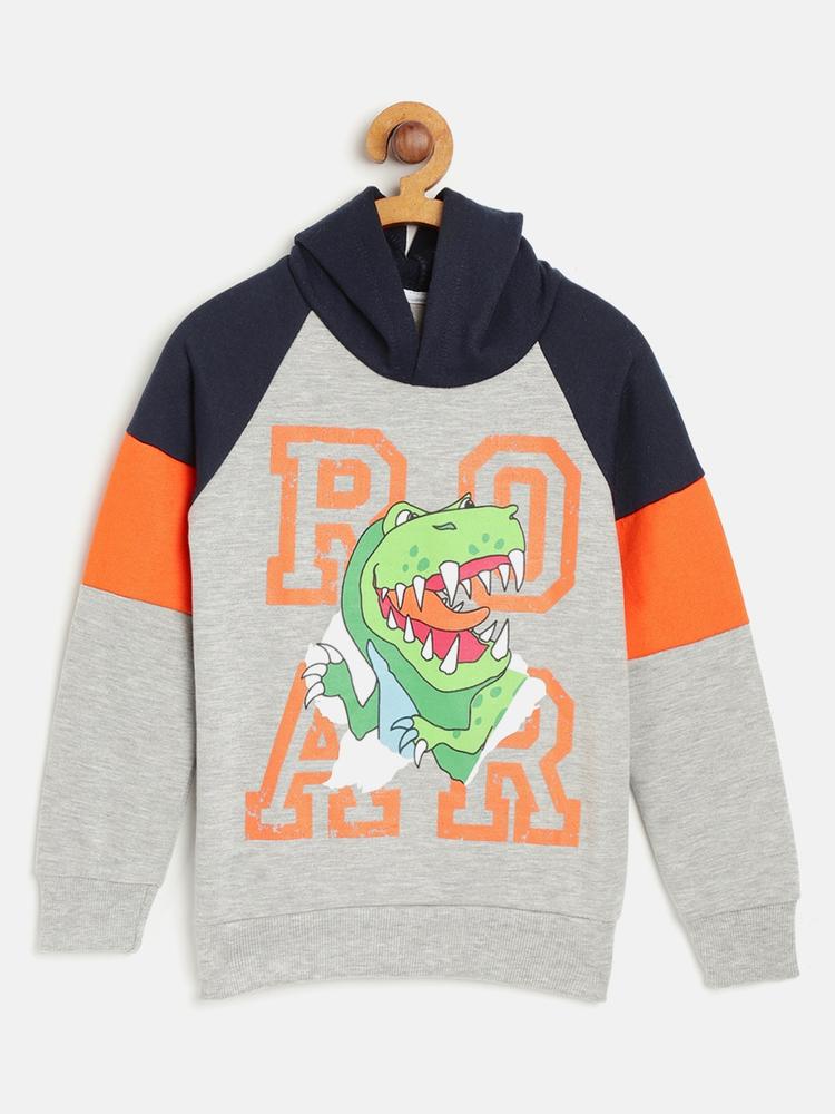 Lazy Shark Boys Grey Melange & Orange Printed Hooded Sweatshirt