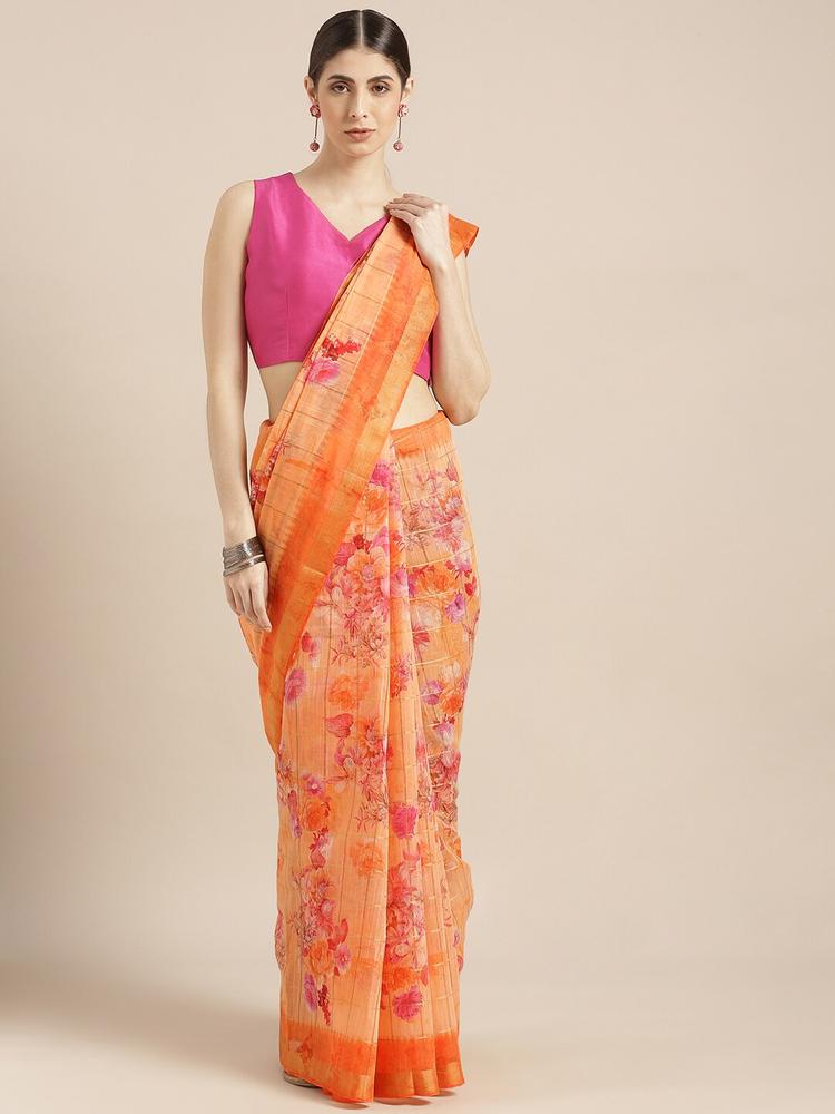 Blissta Orange Printed Cotton Blend Saree