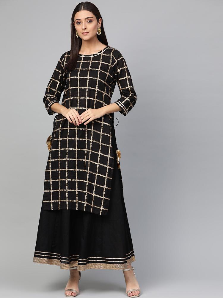 Bhama Couture Women Black & Golden Foil Checked Kurta with Skirt