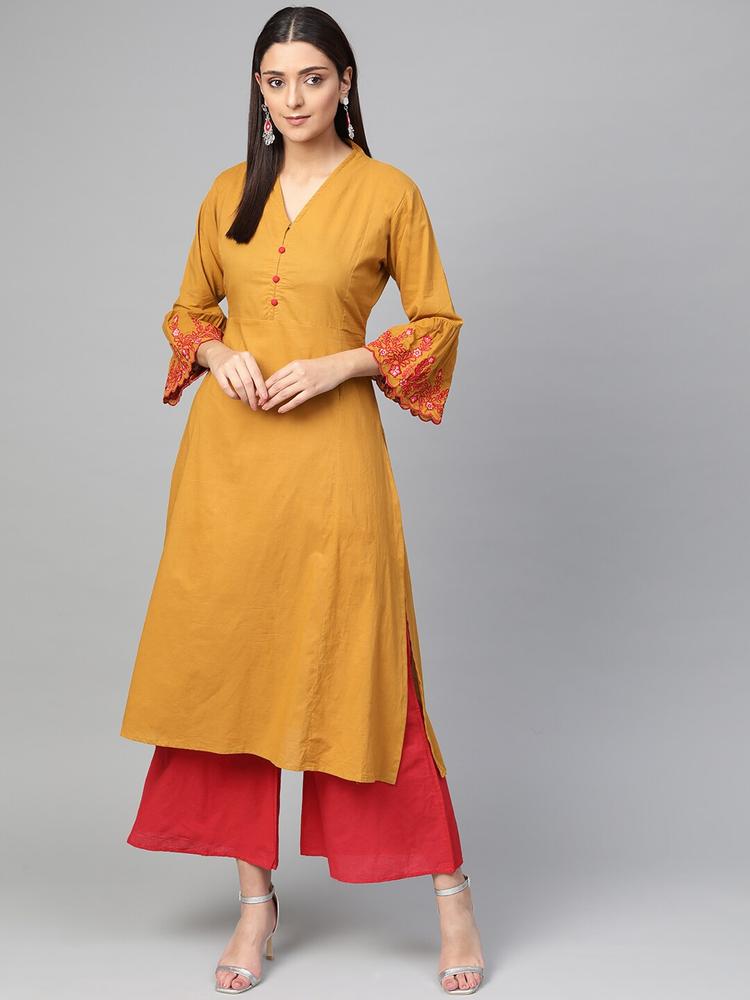 Bhama Couture Women Mustard Yellow & Red Solid Kurta with Palazzos