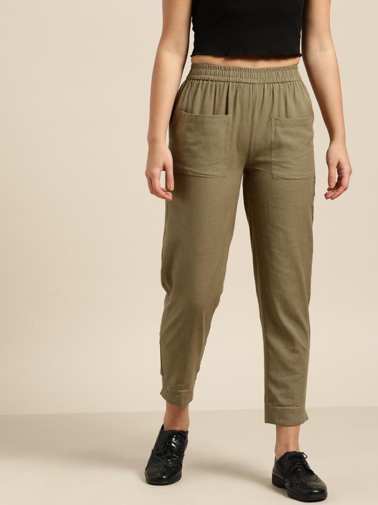 Shae by SASSAFRAS Women Olive Green Tapered Fit Solid Regular Trousers