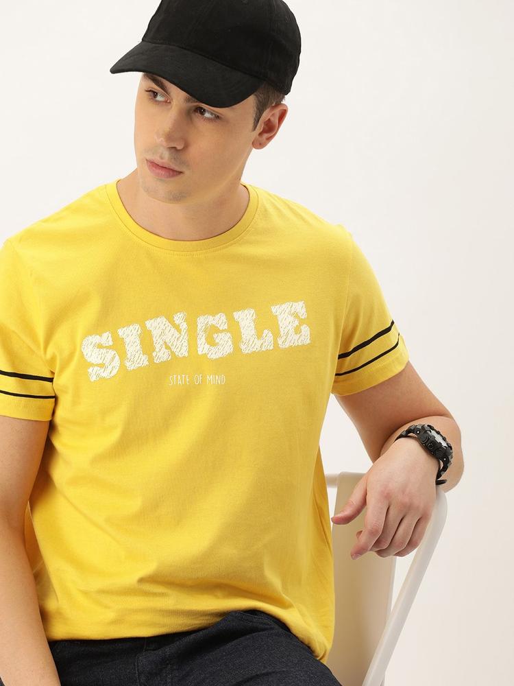 SINGLE Men Mustard Yellow Printed Slim Fit Round Neck Pure Cotton T-shirt