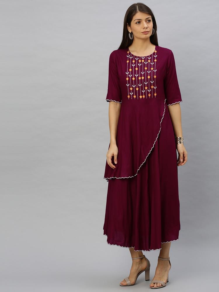 YASH GALLERY Women Burgundy Embroidered Layered Maxi Dress