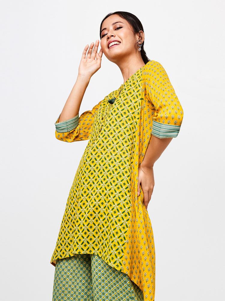 Global Desi Women's Mustard Yellow & Green Floral Printed Tunic