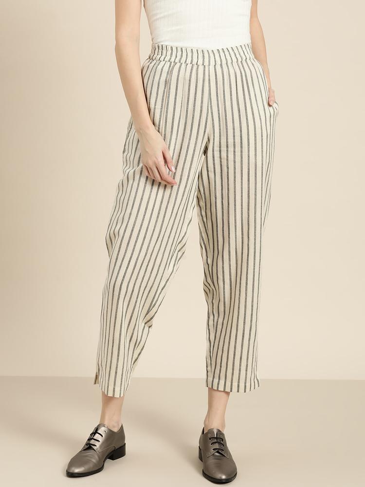 Shae by SASSAFRAS Women Off-White & Grey Regular Fit Striped Cropped Trousers