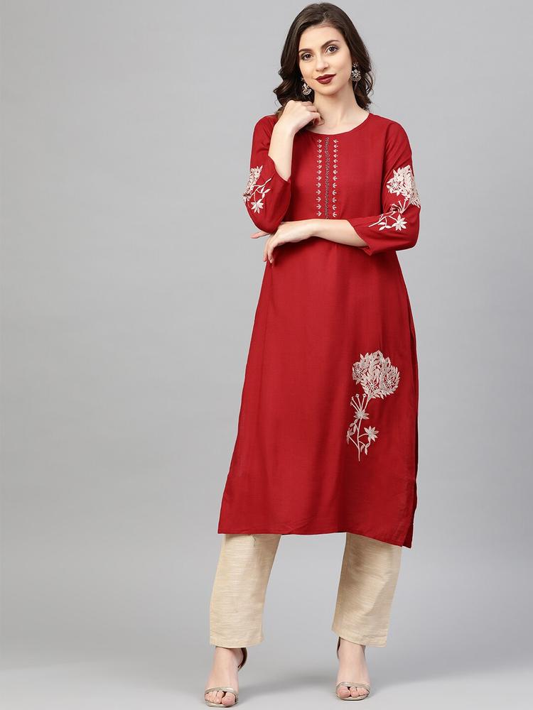 Chhabra 555 Women Maroon & Beige Embroidered Made to Measure Kurta with Trousers