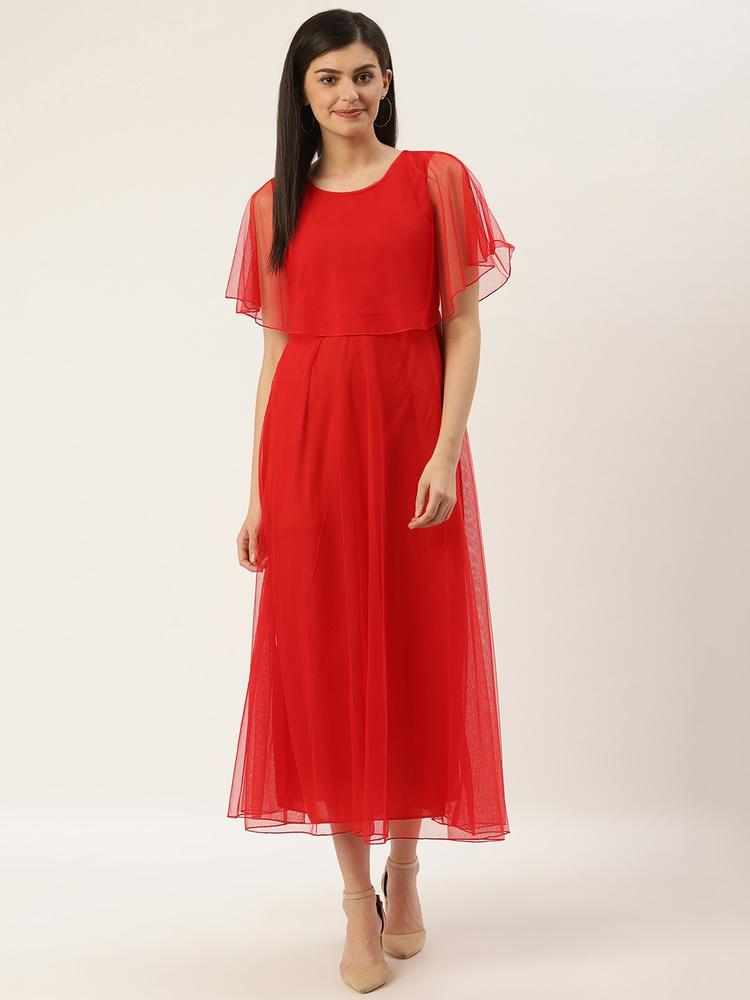 U&F Women Red Solid Layered Maxi Dress