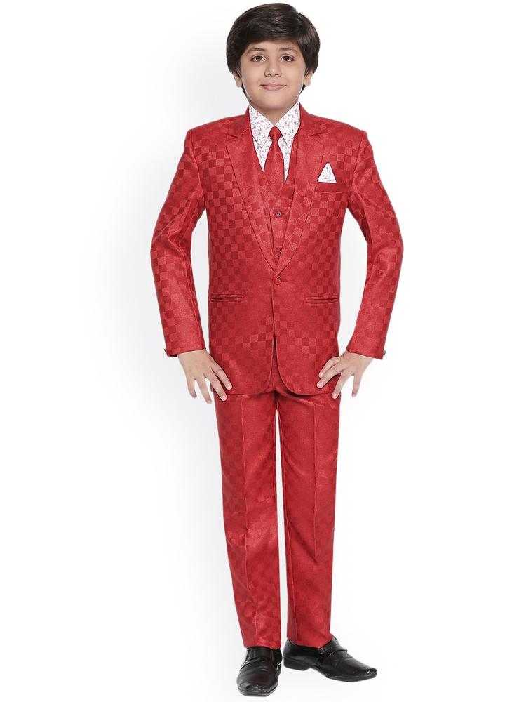 Jeetethnics Boys Red Self Design 5 Piece Suit