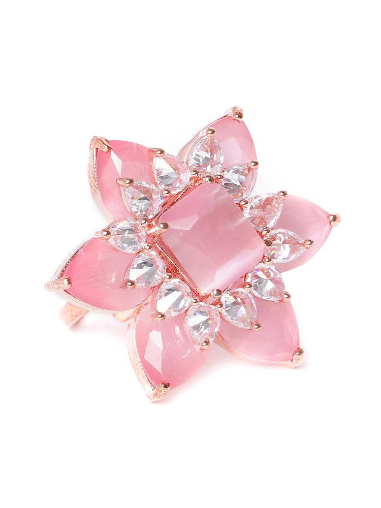 JEWELS GEHNA Pink Rose Gold-Plated Floral CZ Studded Handcrafted Adjustable Finger Ring