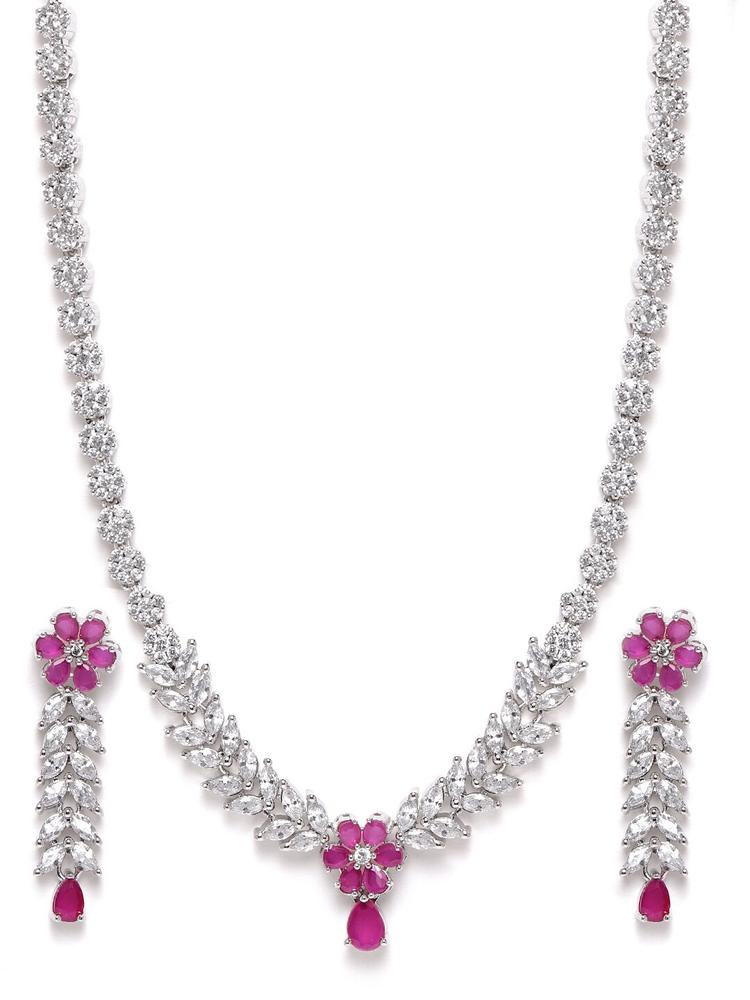 JEWELS GEHNA Pink Rhodium-Plated AD-Studded Handcrafted Jewellery Set