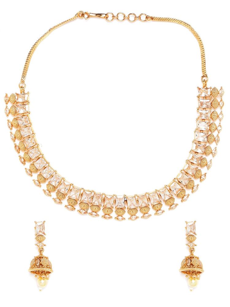 JEWELS GEHNA Gold-Plated CZ-Studded Handcrafted Choker Jewellery Set