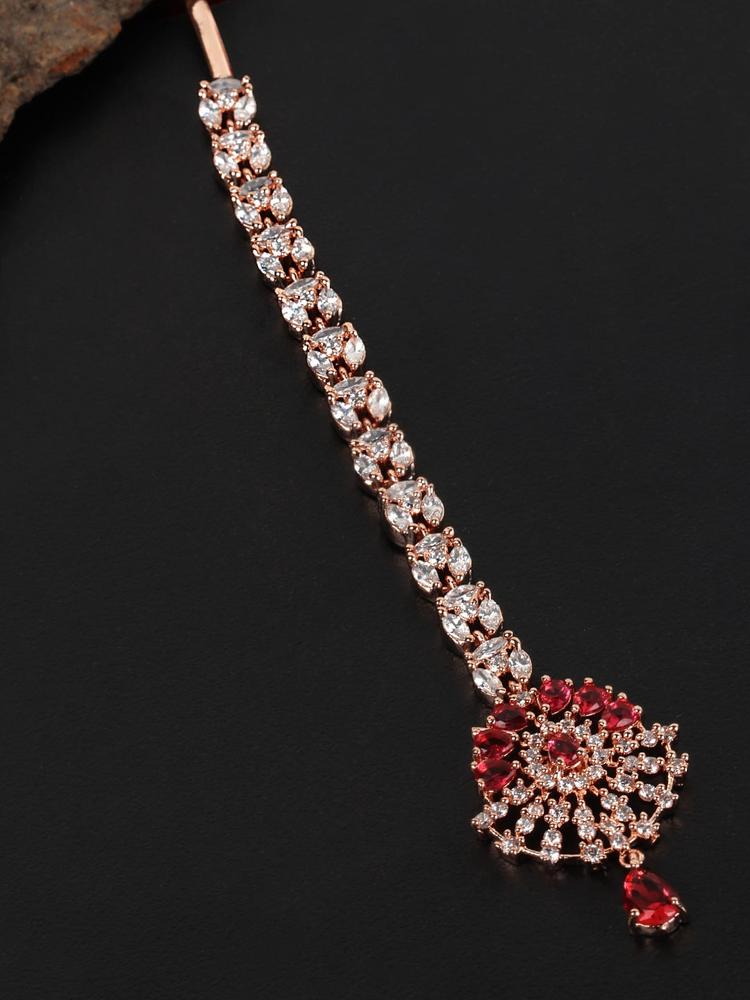 JEWELS GEHNA Magenta Rose Gold-Plated CZ Stone-Studded Handcrafted Maang Tika