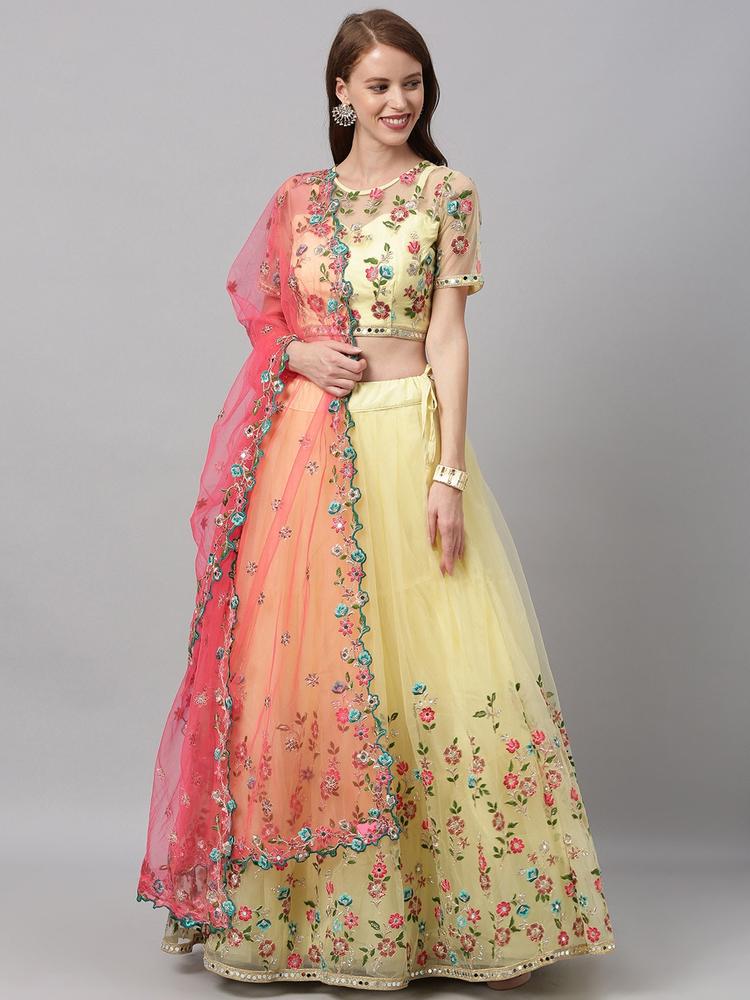 panchhi Yellow & Pink Embroidered Semi-Stitched Lehenga & Unstitched Blouse with Dupatta