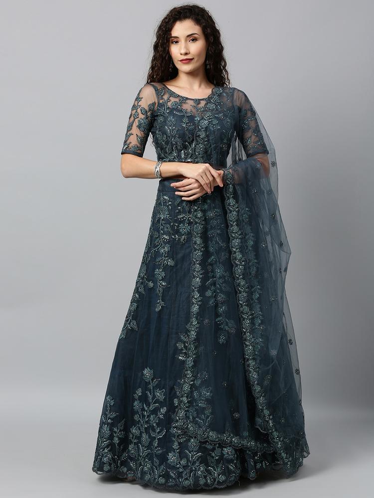 panchhi Teal Blue Embellished Semi-Stitched Lehenga & Unstitched Blouse with Dupatta