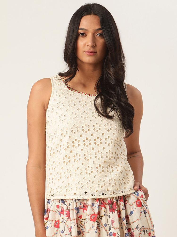 ROOTED Women Cream-Coloured Self Design Top
