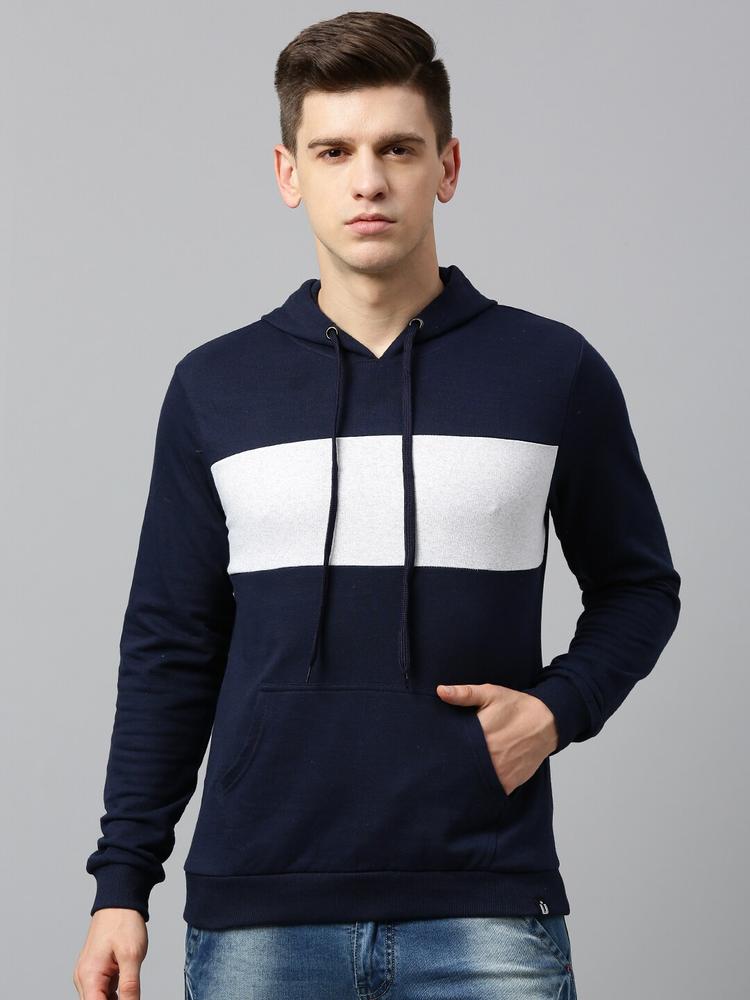 Urbano Fashion Men Navy Blue & White Colourblocked Hooded Sweatshirt