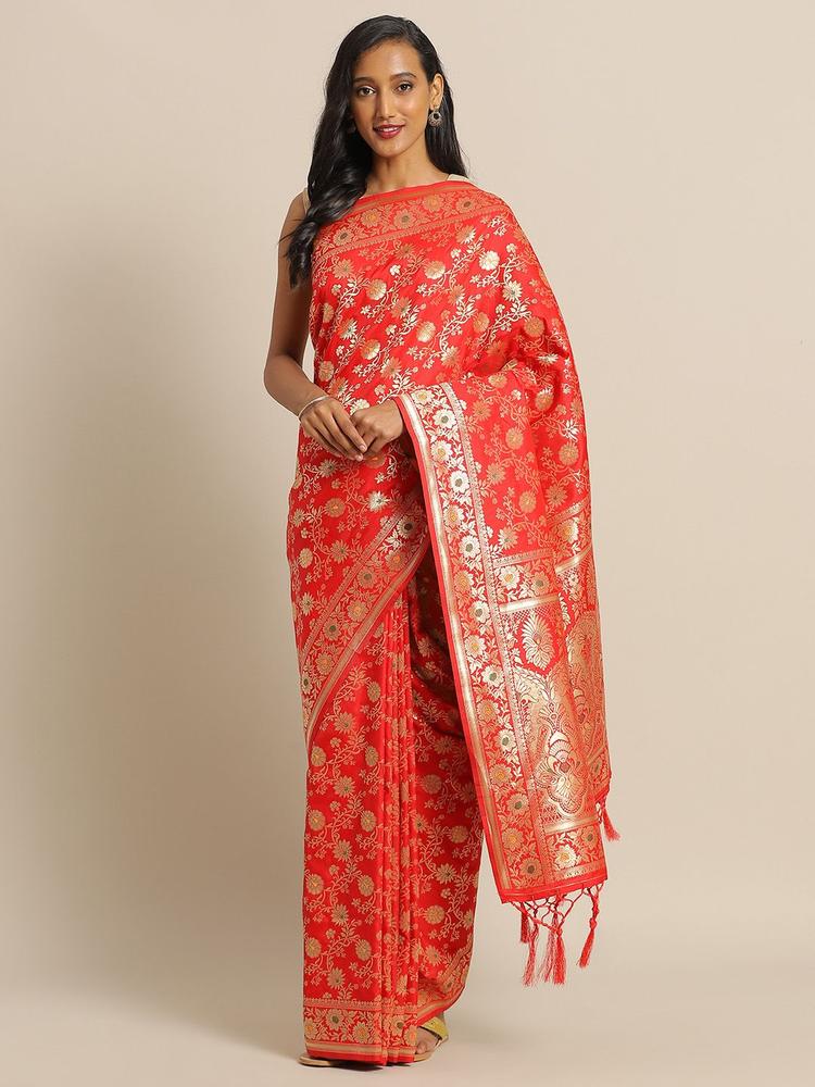 flaher Red & Green Brocade Woven Design Banarasi Saree