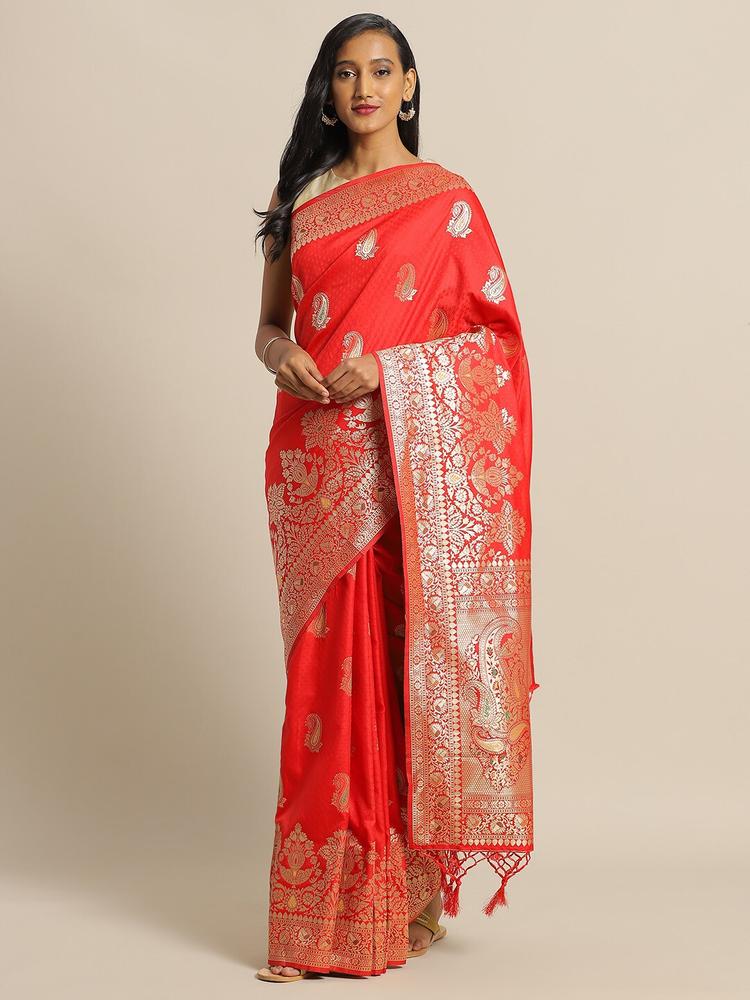 flaher Red & Gold-Toned Brocade Woven Design Banarasi Saree